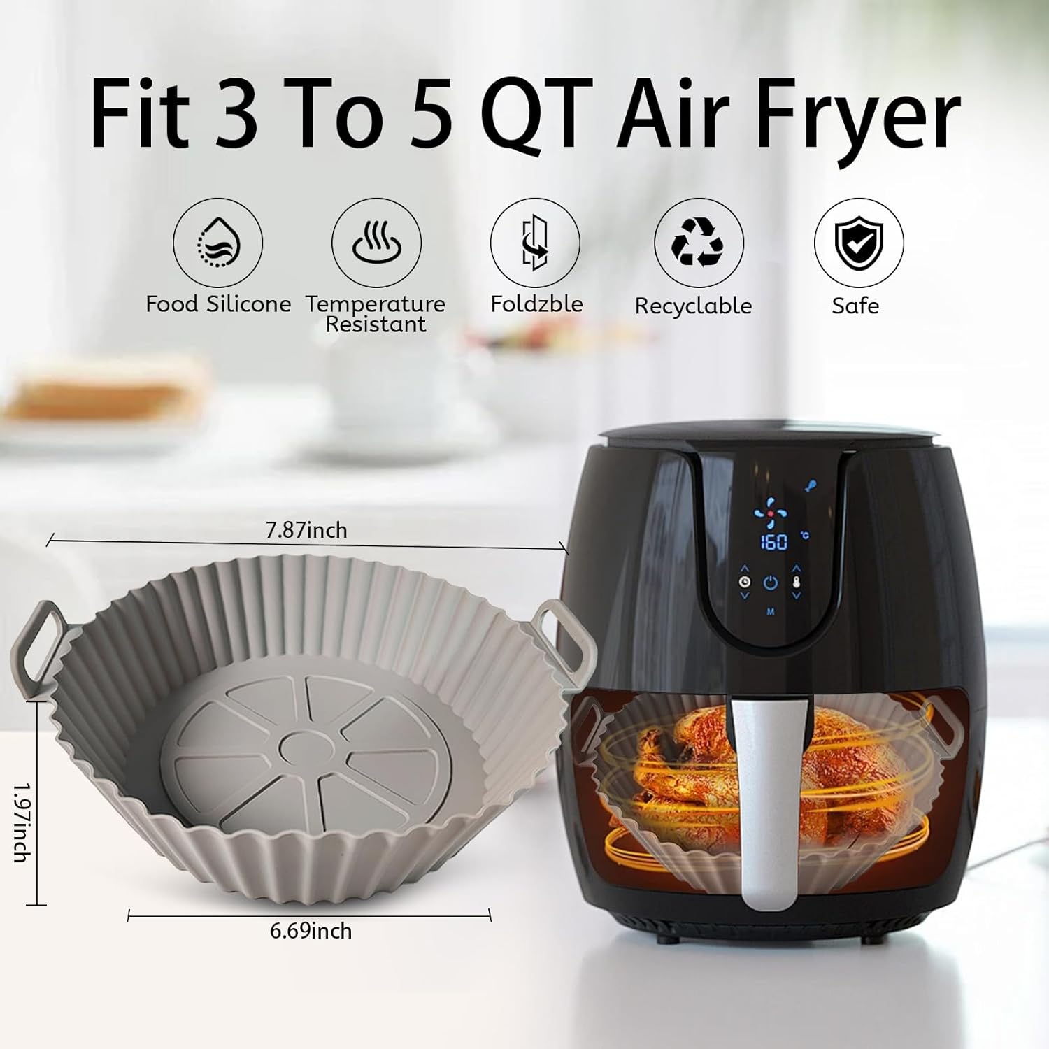 Air Fryer Silicone Liners, Silicone Air Fryer Liners Reusable 
 Air Fryer Oven Microwave Accessories, Better than Disposable Paper Liner (Gray&Black,) Air Fryer Liners