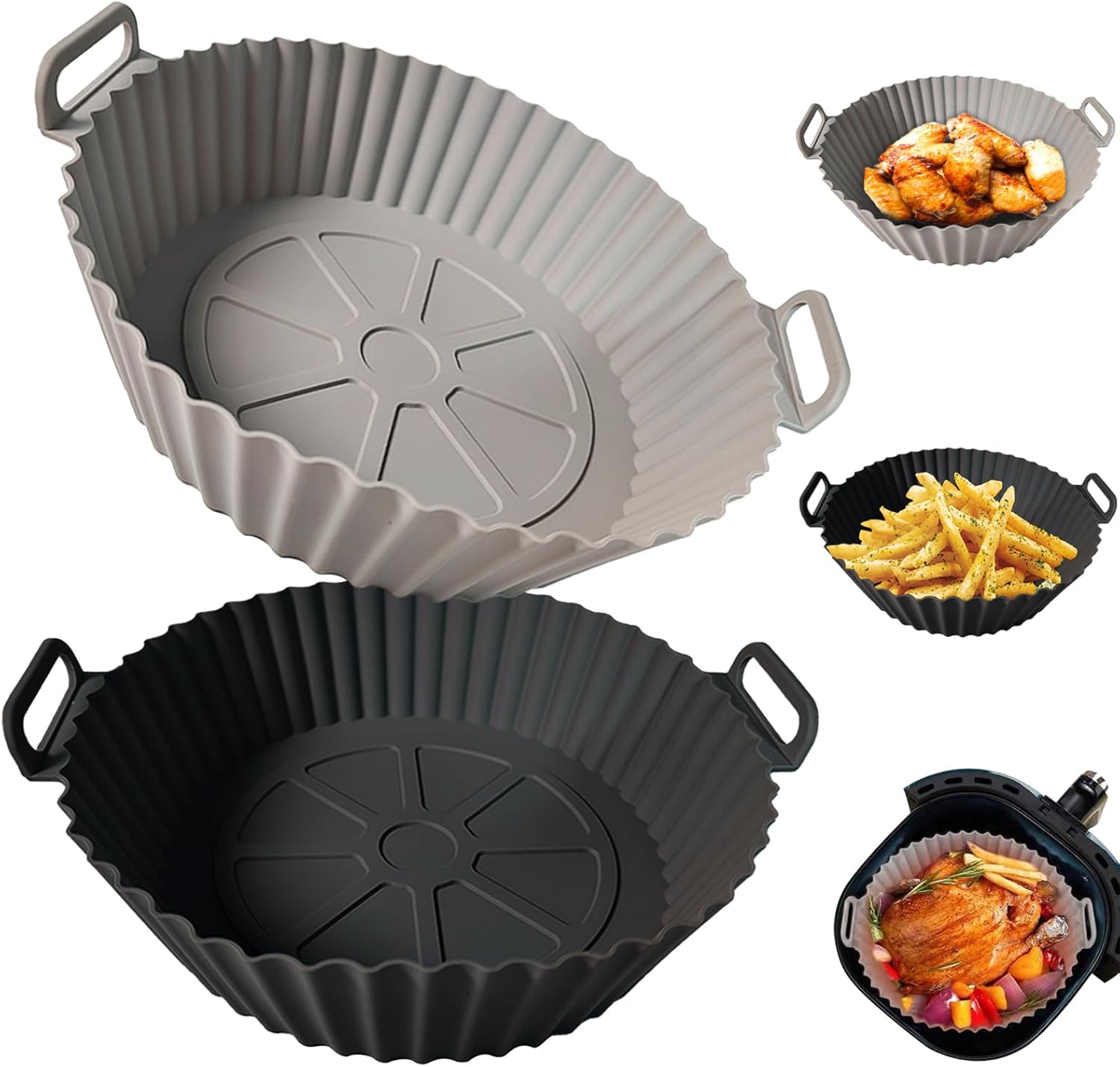 Air Fryer Silicone Liners, Silicone Air Fryer Liners Reusable 
 Air Fryer Oven Microwave Accessories, Better than Disposable Paper Liner (Gray&Black,) Air Fryer Liners