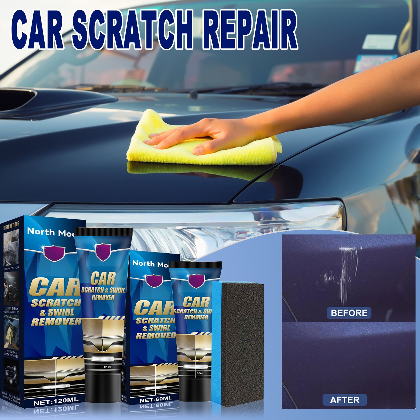 Car Scratch Remover Kit, Car Scratch Remover for Vehicles, Scratch Repair Wax for Car with Wipe & Sponge for Vehicles for Deep Scratches Car Paint Scratch Repair Polishing Wax