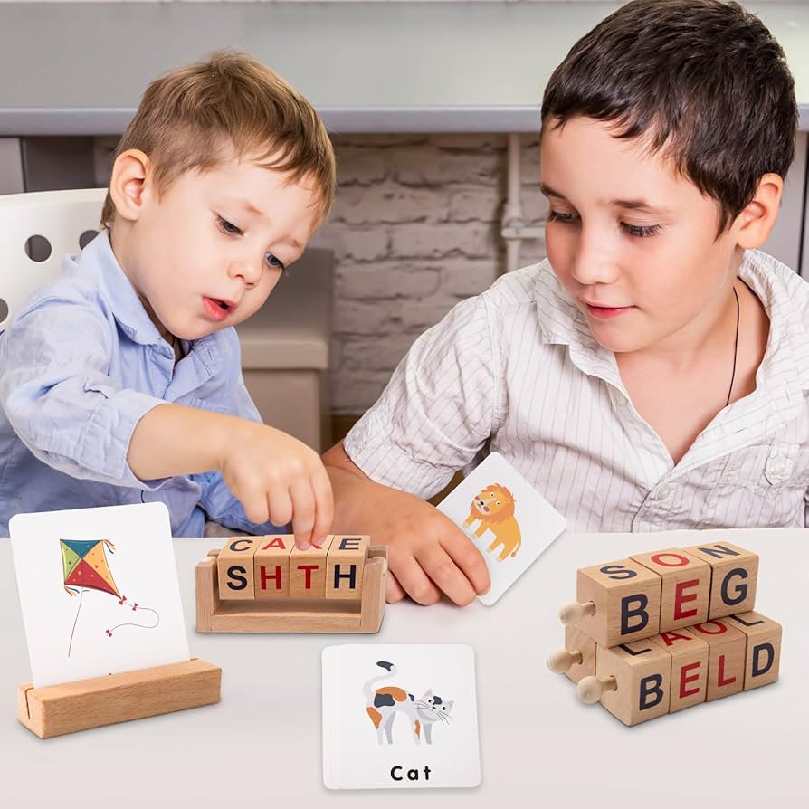 Wooden montessori Reading Blocks Short Vowel Rod Spelling Game for Preschool Boys Girls Montessori Rotating Alphabet Educational Toys