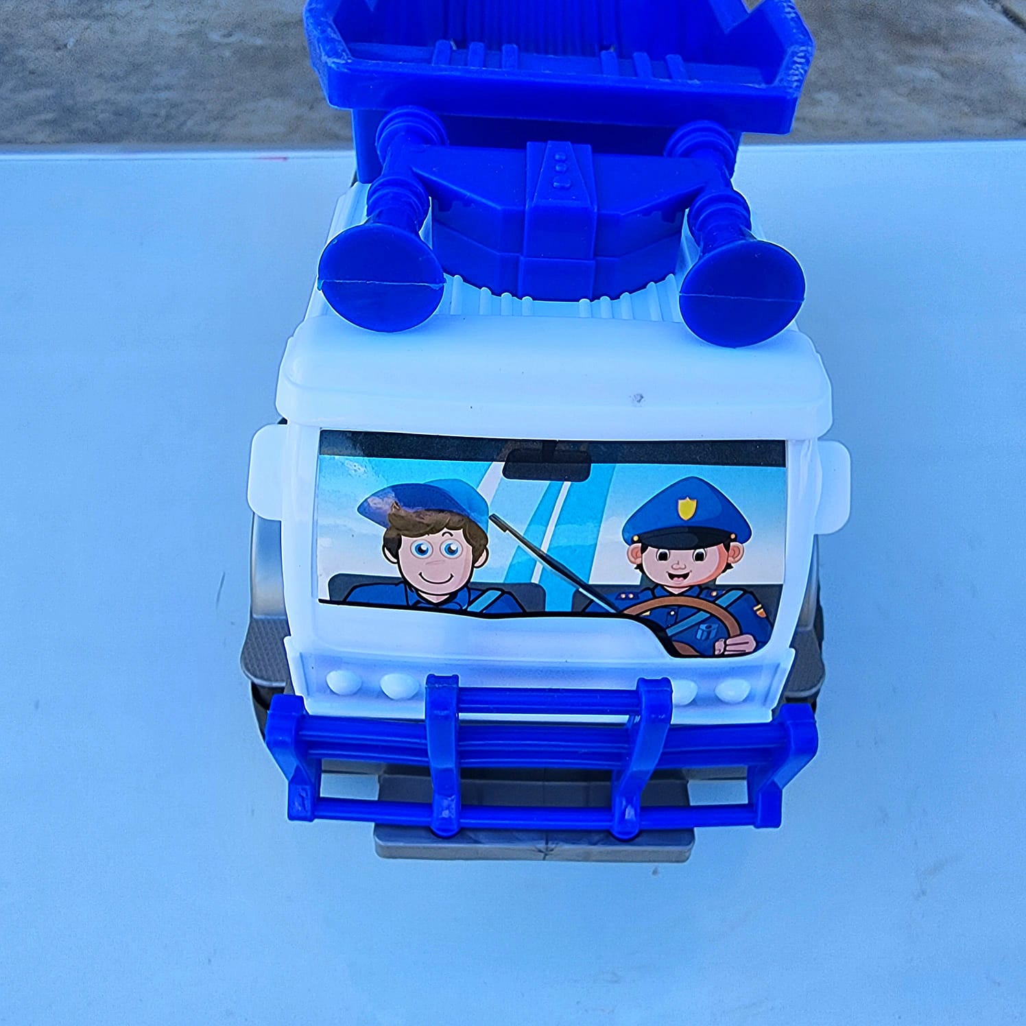 White and blue construction monster dump truck, kids toy cars, beach, indoor & outdoor toy cars