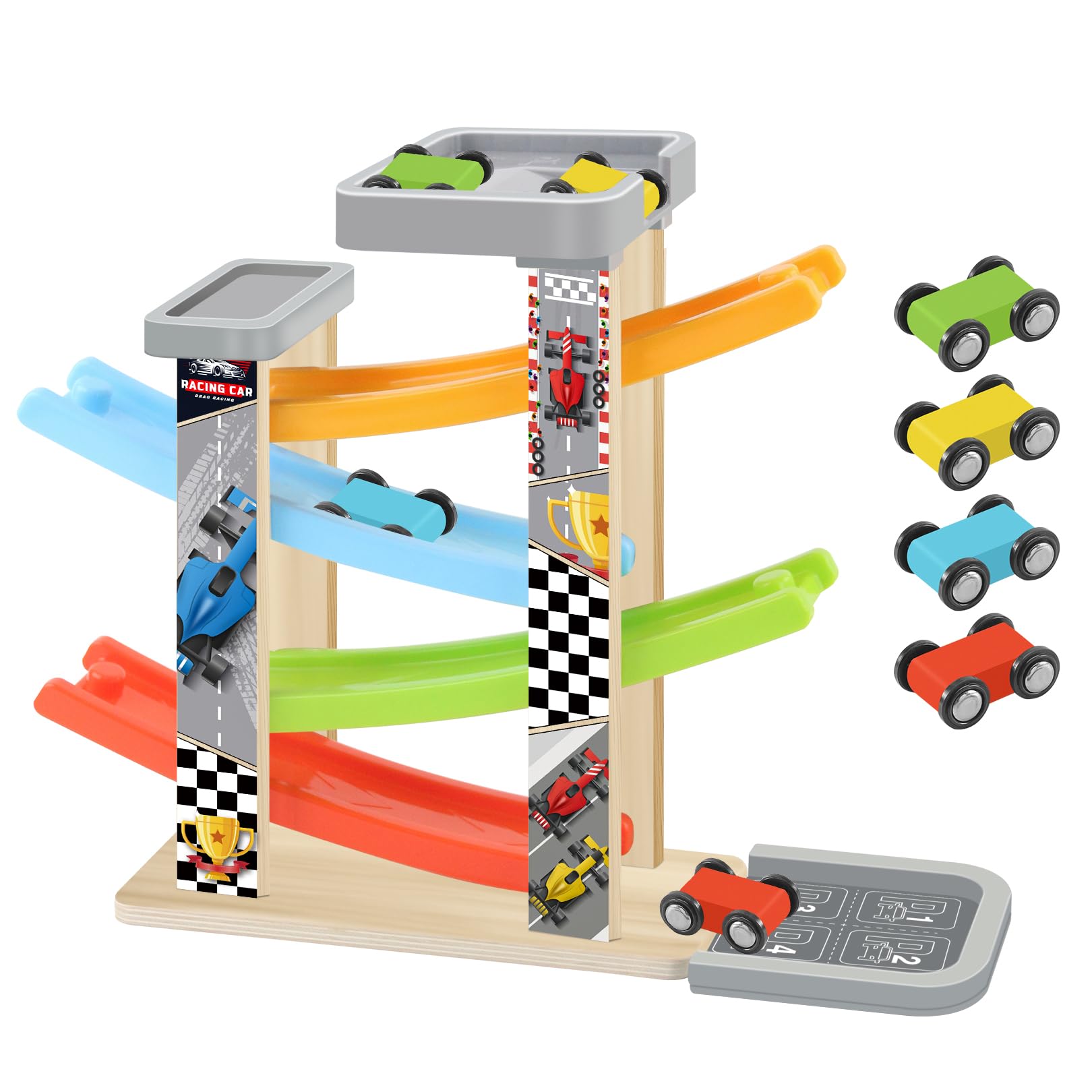 Wooden montessori 4 car speeding, racing rack, assembling racing learning toy, educational toy,