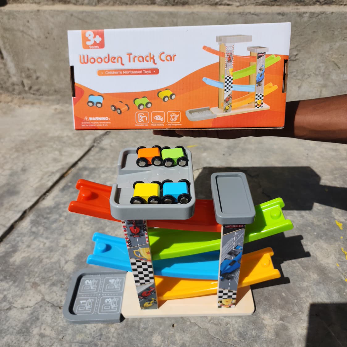 Wooden montessori 4 car speeding, racing rack, assembling racing learning toy, educational toy,