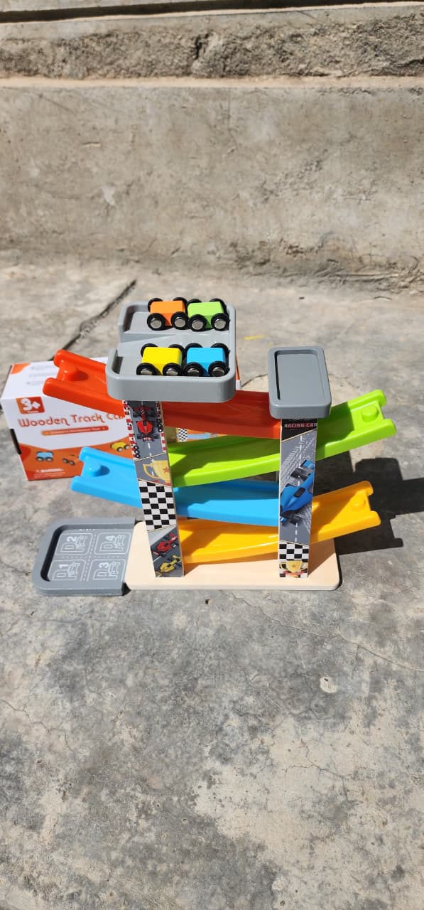 Wooden montessori 4 car speeding, racing rack, assembling racing learning toy, educational toy,