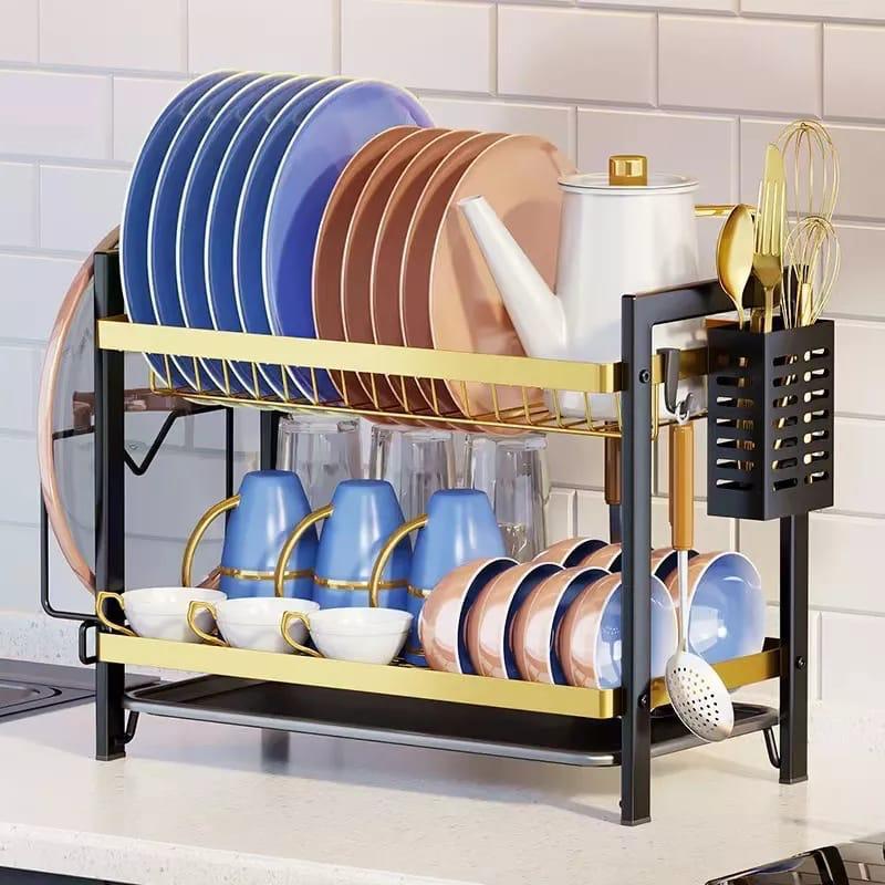 2 tier dish rack black/gold dishrack with cutlery holder anti rust for kitchen utensils