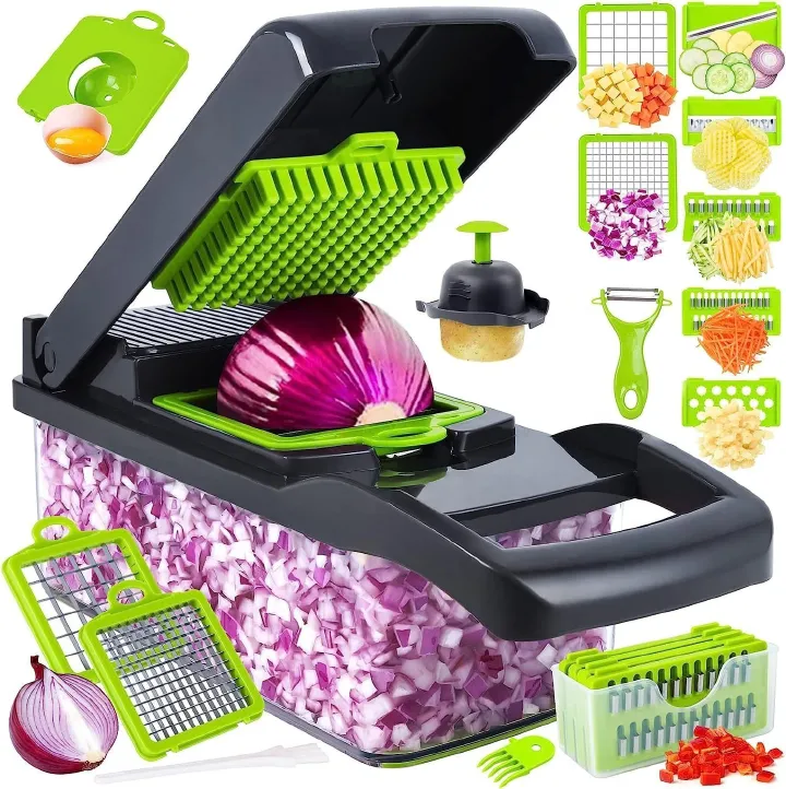 16-Piece Set Kitchen Vegetable Chopper | High-Performance Mandoline Vegetable Slicer & Dicer with Stainless Steel Blades-Peeler-Hand Guard and Brushes | Veg,Onion,Salad Complete Food Cutter Set