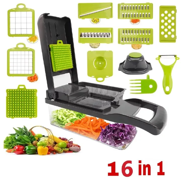 16-Piece Set Kitchen Vegetable Chopper | High-Performance Mandoline Vegetable Slicer & Dicer with Stainless Steel Blades-Peeler-Hand Guard and Brushes | Veg,Onion,Salad Complete Food Cutter Set