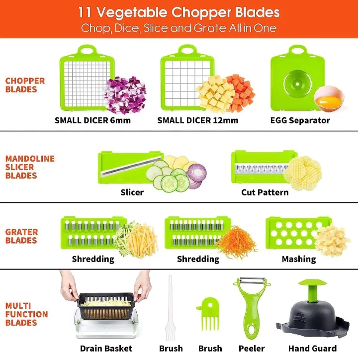 16-Piece Set Kitchen Vegetable Chopper | High-Performance Mandoline Vegetable Slicer & Dicer with Stainless Steel Blades-Peeler-Hand Guard and Brushes | Veg,Onion,Salad Complete Food Cutter Set