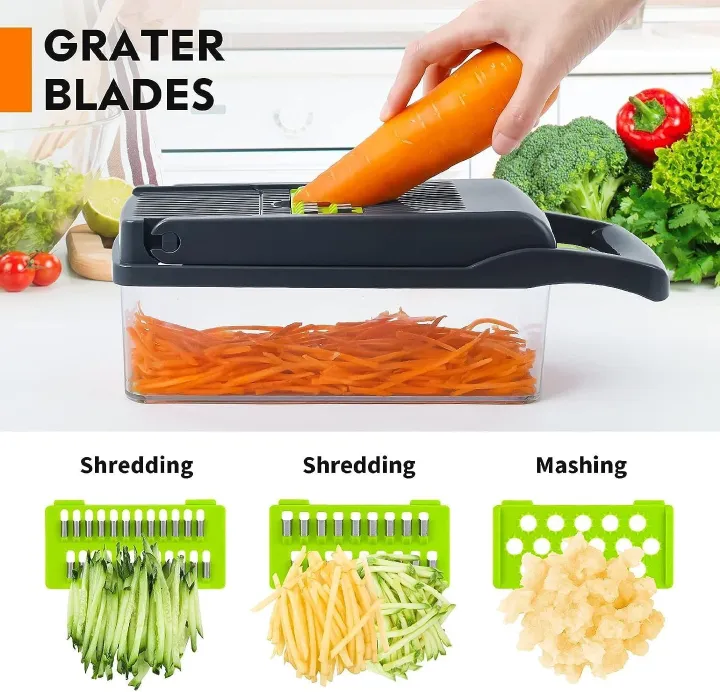16-Piece Set Kitchen Vegetable Chopper | High-Performance Mandoline Vegetable Slicer & Dicer with Stainless Steel Blades-Peeler-Hand Guard and Brushes | Veg,Onion,Salad Complete Food Cutter Set