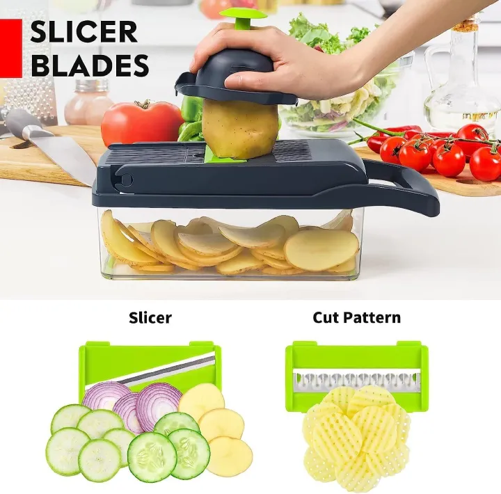 16-Piece Set Kitchen Vegetable Chopper | High-Performance Mandoline Vegetable Slicer & Dicer with Stainless Steel Blades-Peeler-Hand Guard and Brushes | Veg,Onion,Salad Complete Food Cutter Set