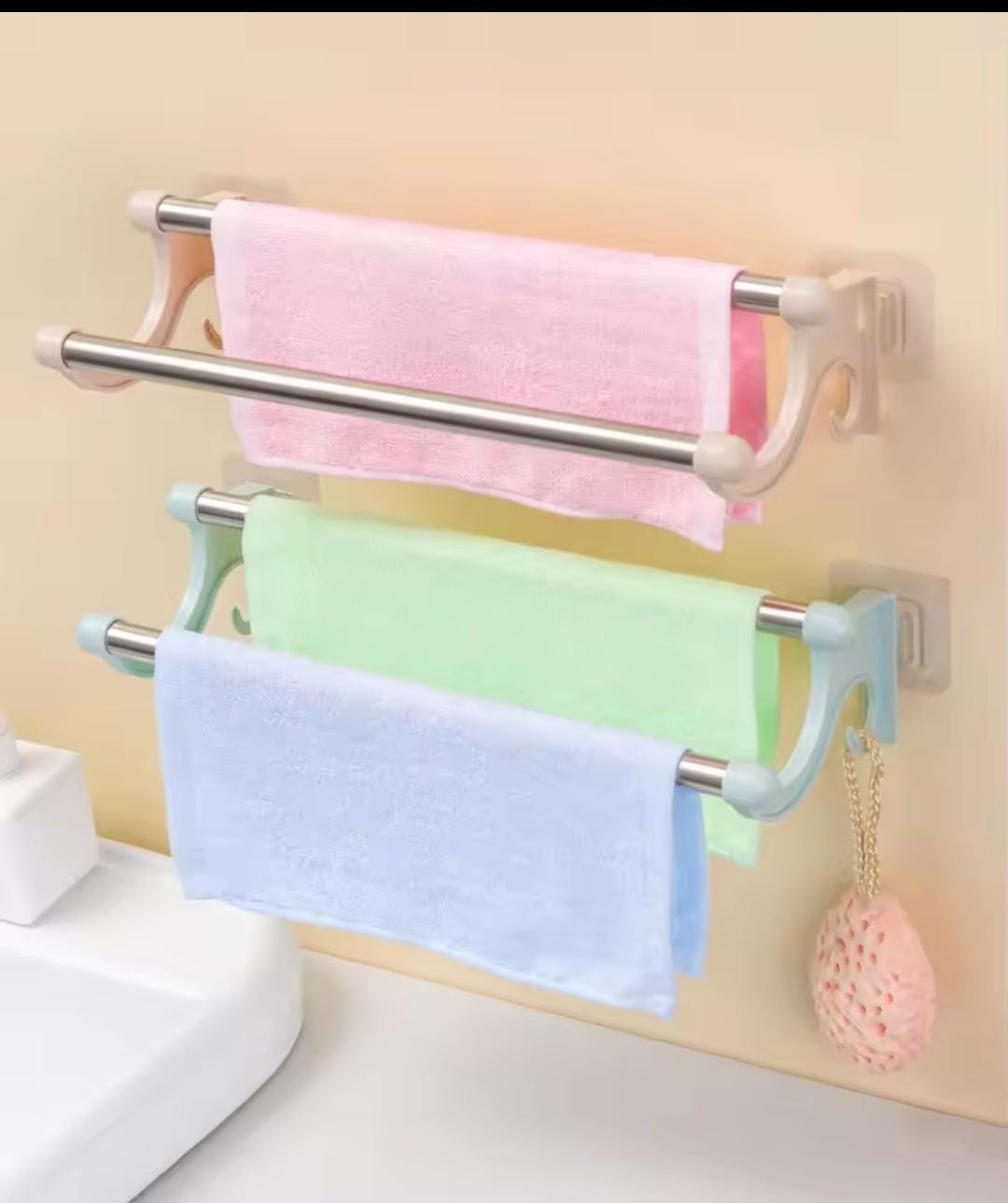 Self Adhesive Double Bath Towel Bars,Towel Holder Towel Racks for Bathroom and kitchen  Lavatory, Stainless Steel Towel Hanger Wall Mount Towel Rail,Brushed Nickel 54 Cm