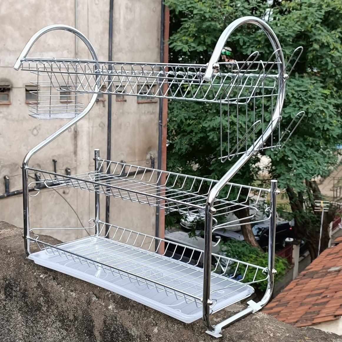 2 layer stainless steel dish rack 2 tier kitchen utensil organizer with cutlery holder and glass/cup holder