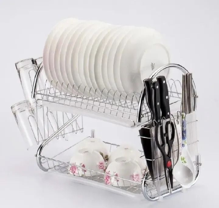 2 layer stainless steel dish rack 2 tier kitchen utensil organizer with cutlery holder and glass/cup holder