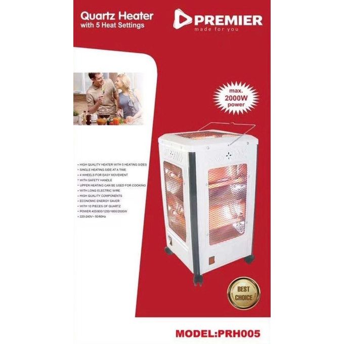 Premier PRH005 2000W Quartz Room Heater With 5 Heating Sides, Wheels And Safety Handle