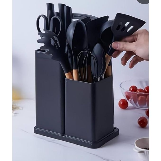 19 pieces High quality silicone Kitchenware Set includes silicon spoons set with wooden handles, knives set and a chopping board