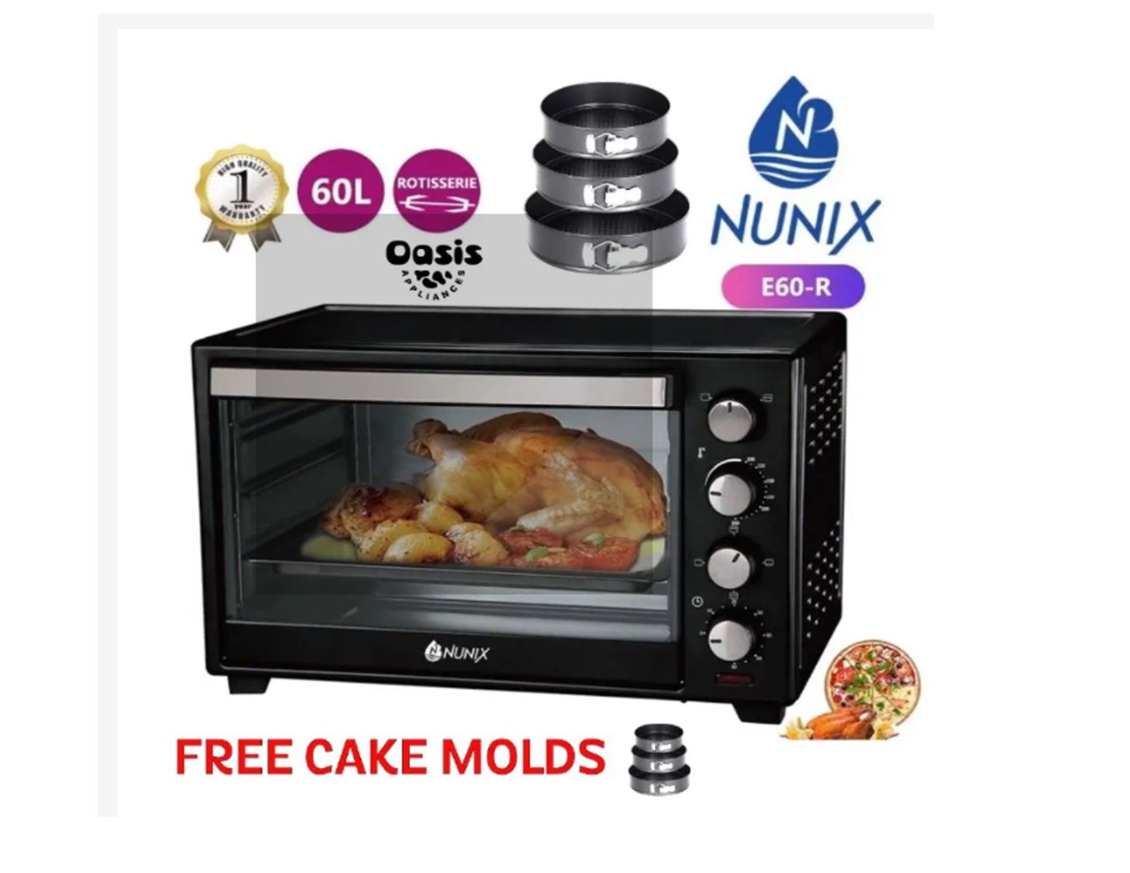 Nunix E60-R 60L Litres Electric Rotisserie Oven + FREE CAKE MOLDS Nunix Electric Rotisserie Oven, 60L – Black With Grill (Rotisserie) 4 Knobs, Easy Control