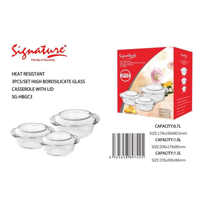 Signature Microwave Safe Heavy Glass Casserole 3 Pcs