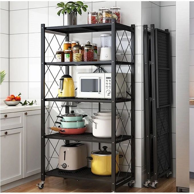 DYNAMIC CREATION Foldable Kitchen Metallic Storage Rack With Wheels