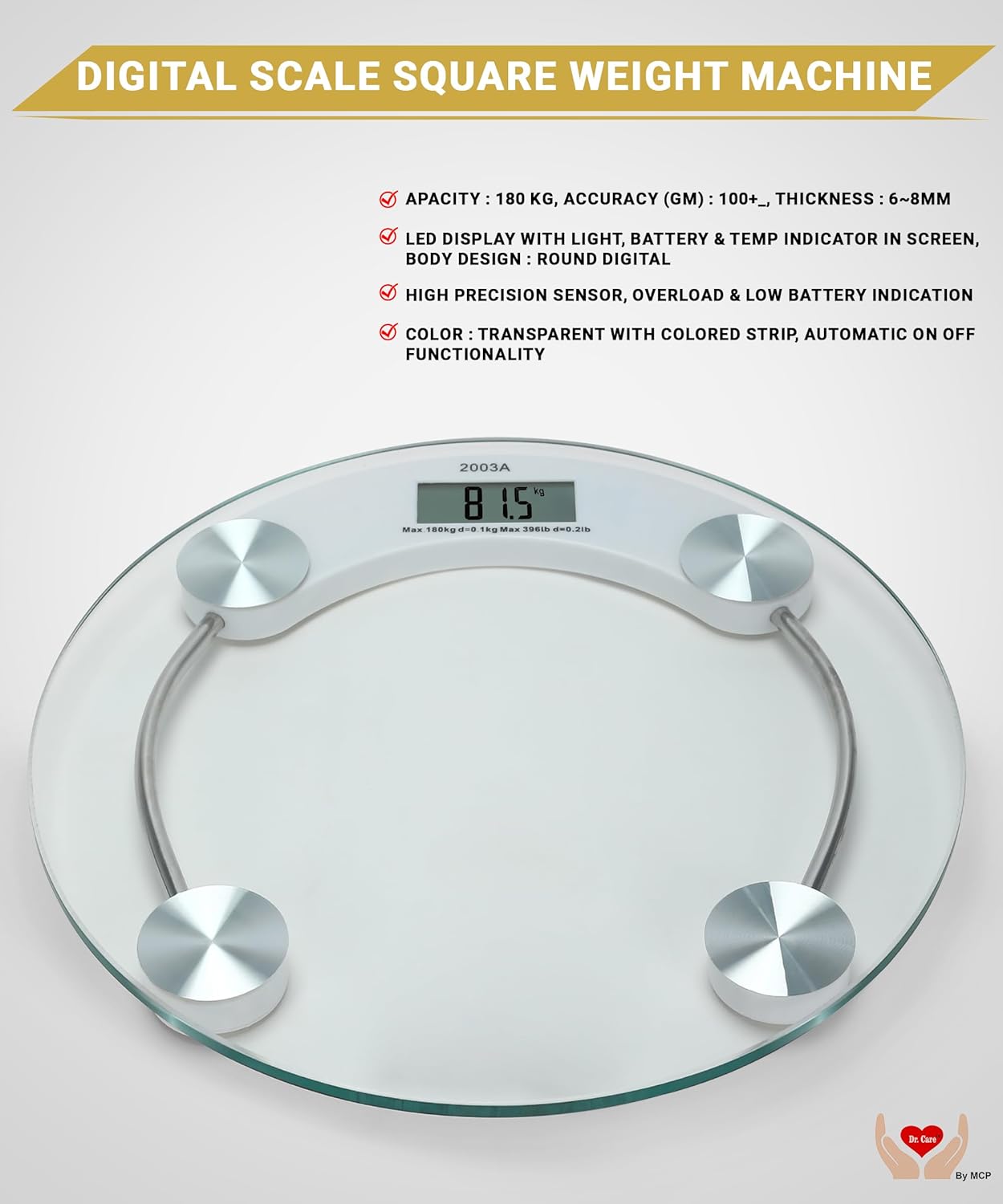 Digital Glass Weighing Machine – Personal Body Weight Scale (Transparent) Max 180KG | Home Bathroom Health Scale
