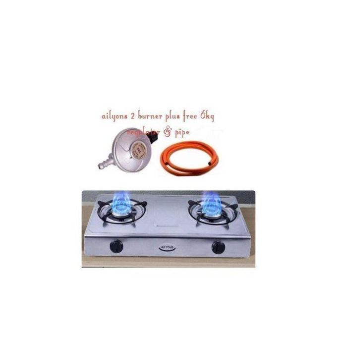 Ailyons GS017 2 Burner Stainless Steel Gas Cooker + 6KG Regulator + 2 Gas Pipes + Clips – Table Top Kitchen Stove | Fast Cooking & Gas Saving