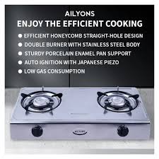 Ailyons GS017 2 Burner Stainless Steel Gas Cooker + 6KG Regulator + 2 Gas Pipes + Clips – Table Top Kitchen Stove | Fast Cooking & Gas Saving