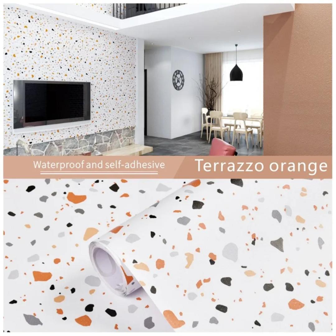 GLOSSY/SHINY Terrazzo ORANGE Finish Peel And Stick Self Adhesive Waterproof Wallpaper Contact Paper Marble Contact Paper