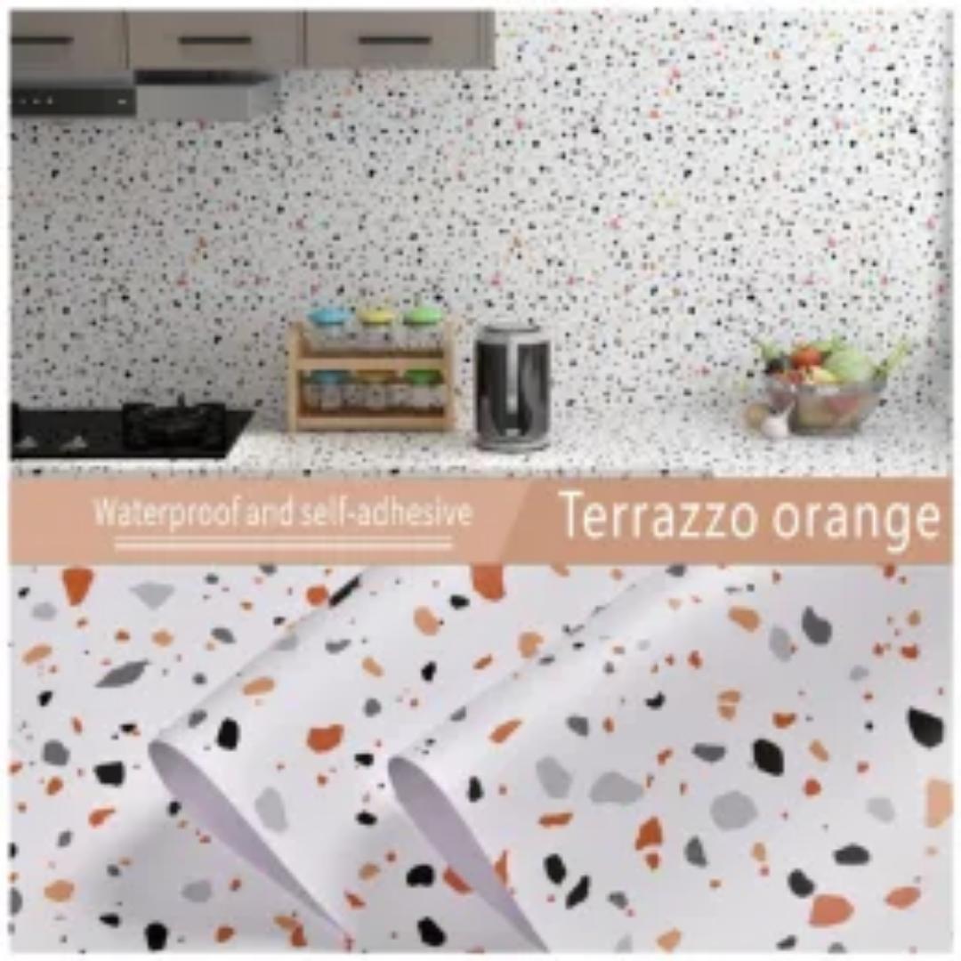 GLOSSY/SHINY Terrazzo ORANGE Finish Peel And Stick Self Adhesive Waterproof Wallpaper Contact Paper Marble Contact Paper