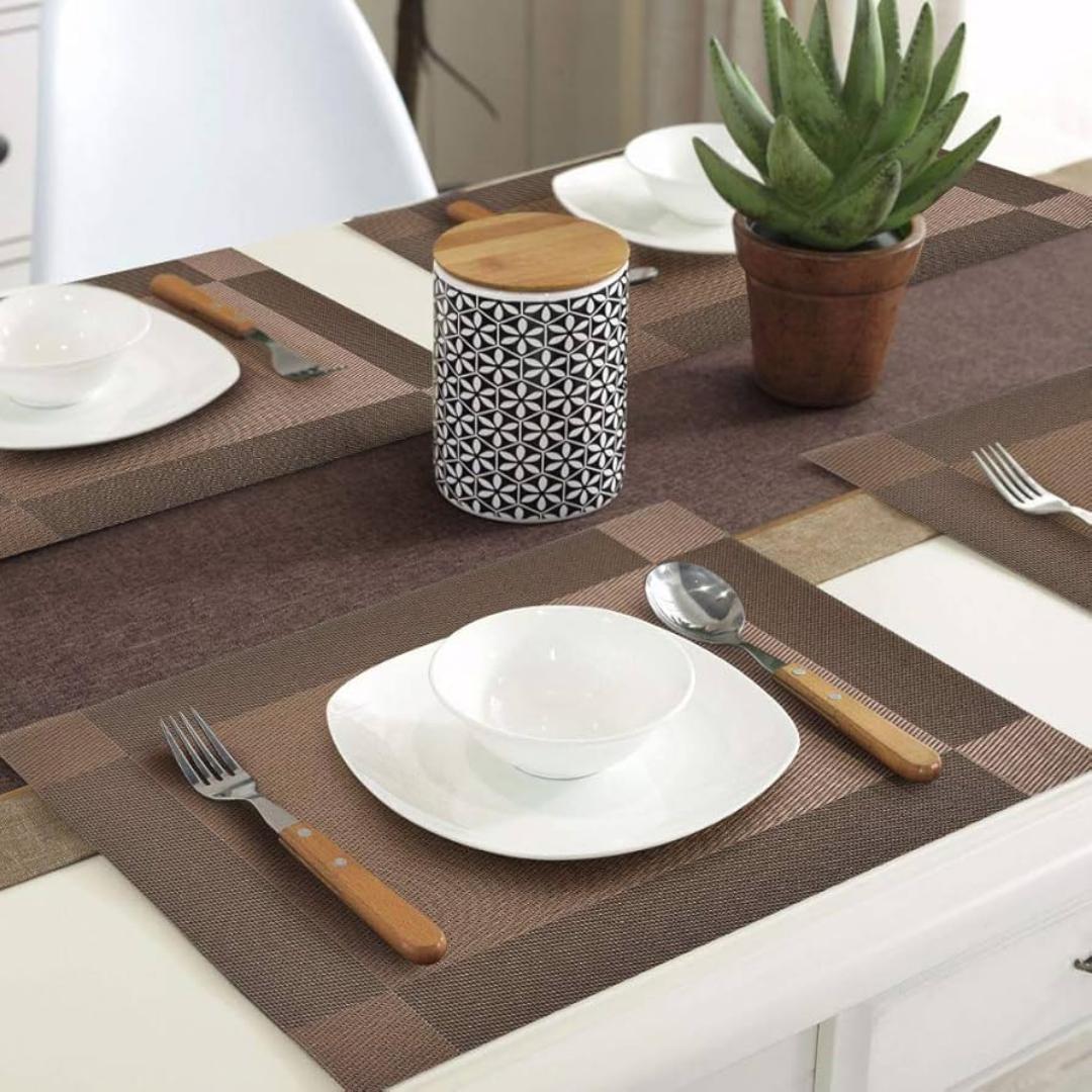 Chocolate Dark Brown 7 pieces Waterproof PVC Table Set 1 Waterproof PVC Table Runner 6 PVC Waterproof Table Mats 6 pcs Tablemats