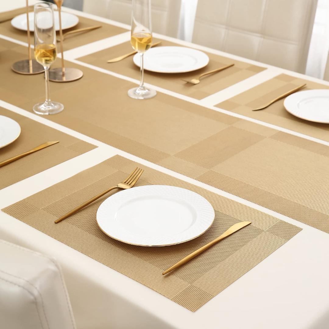 Gold 7 pieces Waterproof PVC Table Set 1 Waterproof PVC Table Runner 6 PVC Waterproof Table Mats 6pcs Tablemats Placemats Place mats