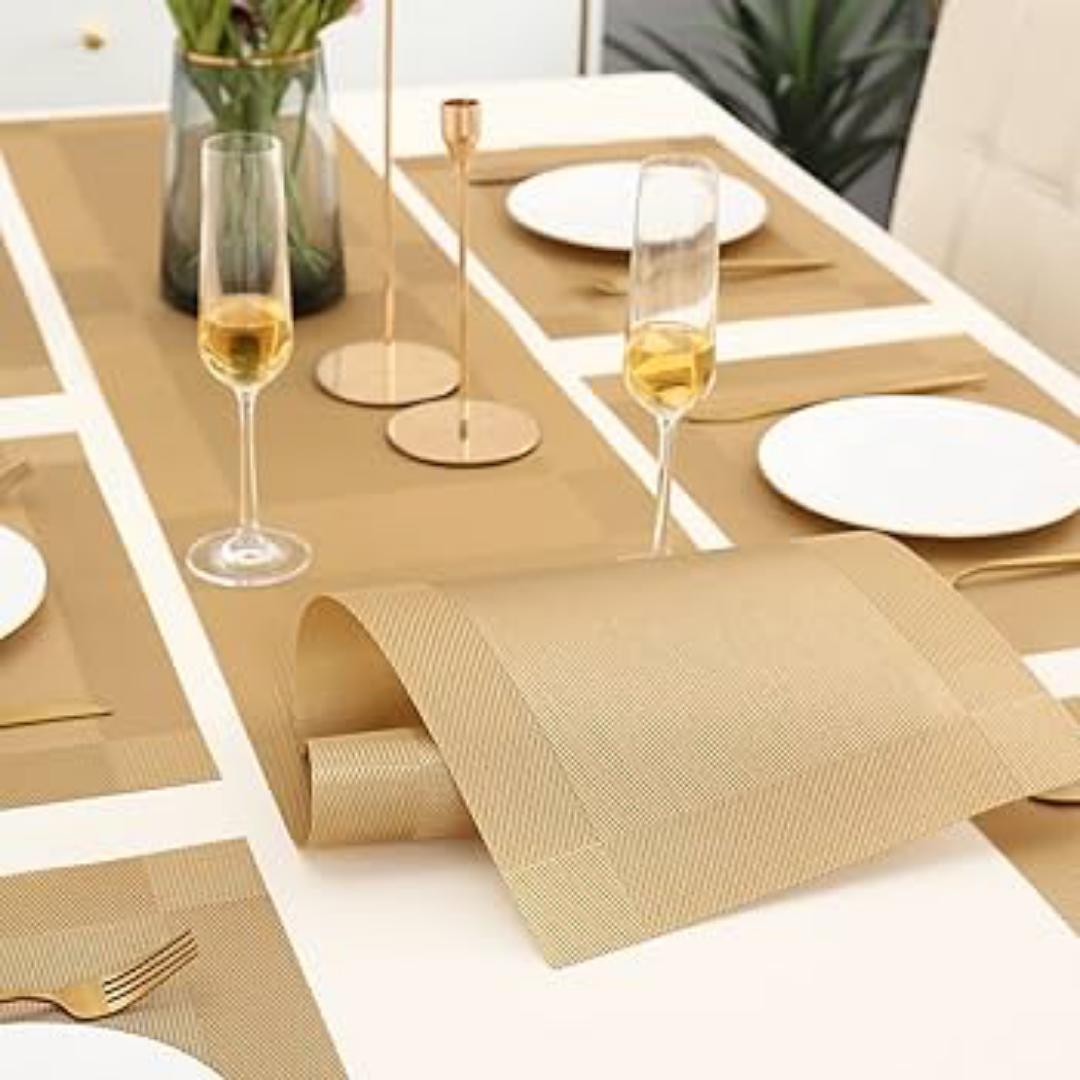 Gold 7 pieces Waterproof PVC Table Set 1 Waterproof PVC Table Runner 6 PVC Waterproof Table Mats 6pcs Tablemats Placemats Place mats
