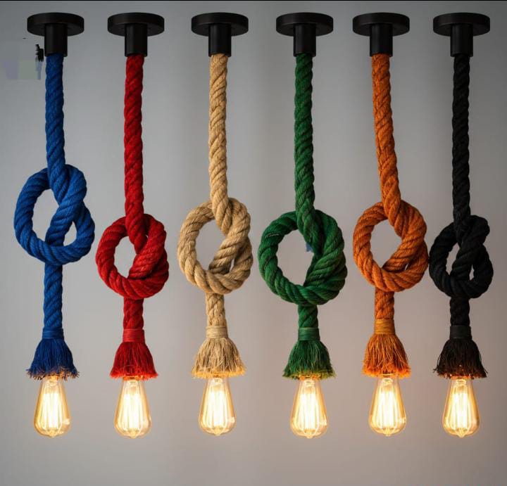 Sisal Hemp Rope Single Pendant Light Chandelier With Filament Edison Bulb Available in Red, Orange, Green, Blue and Black