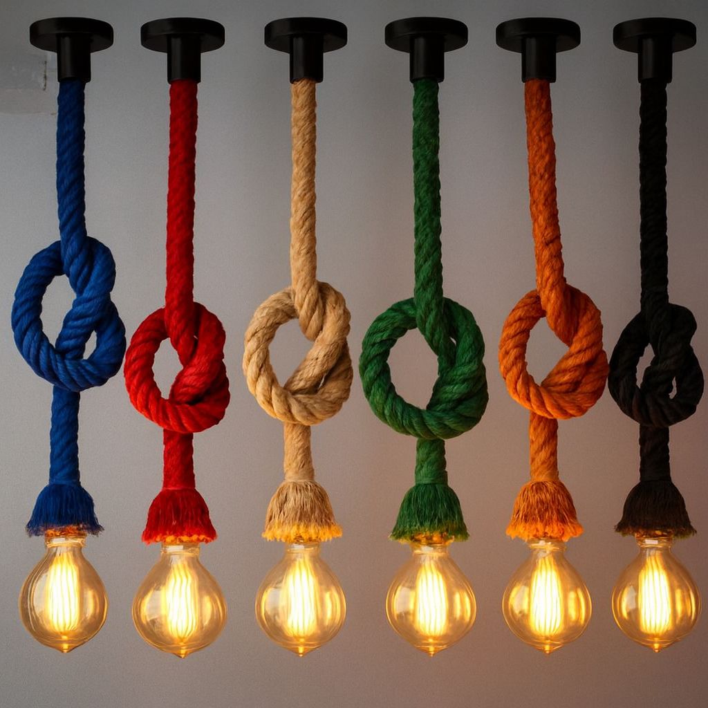 Sisal Hemp Rope Single Pendant Light Chandelier With Filament Edison Bulb Available in Red, Orange, Green, Blue and Black