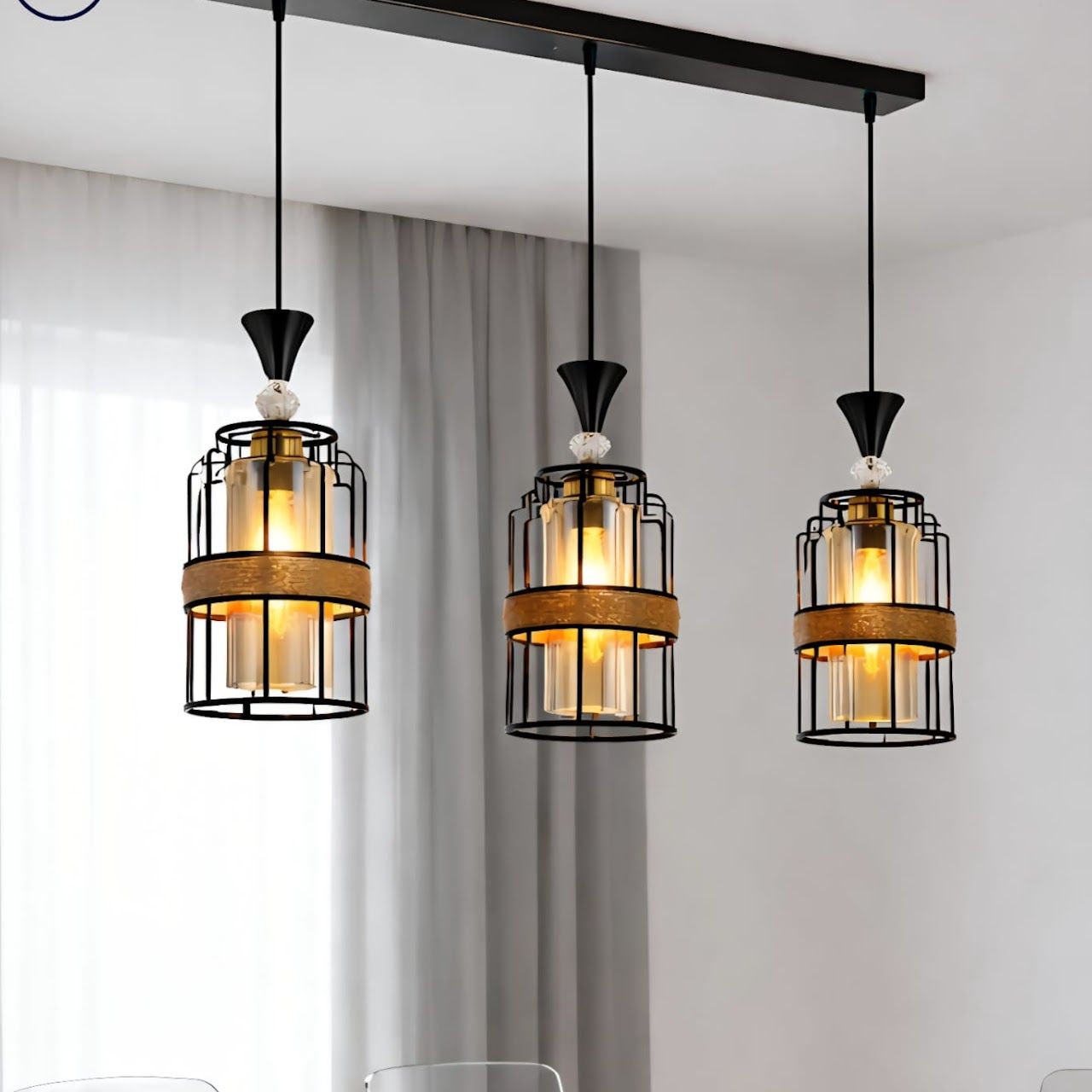 3 Bulb Metallic With Sisal Hemp Rope Accents Rectangular Base Pendant Lights Chandelier With Edison Filament LED Bulbs.