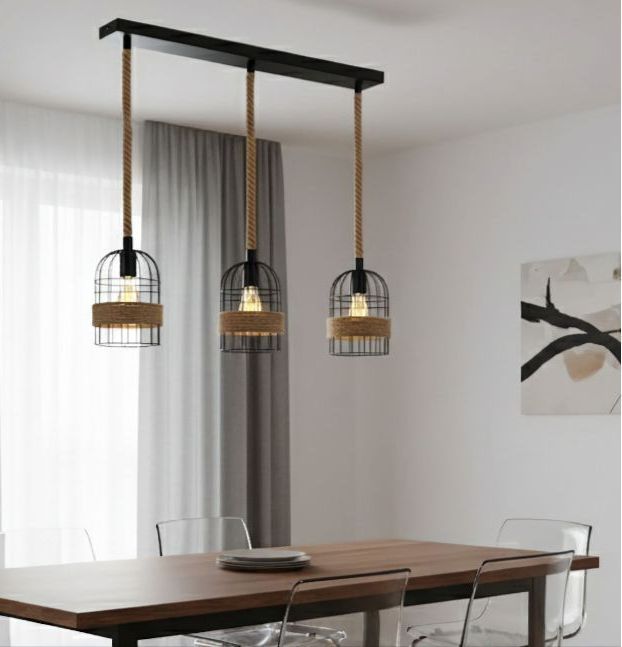 3 Bulb Sisal Hemp Rope  Rectangular Base With Metallic Grill Pendant Lights Chandelier With Edison Filament LED Bulbs.