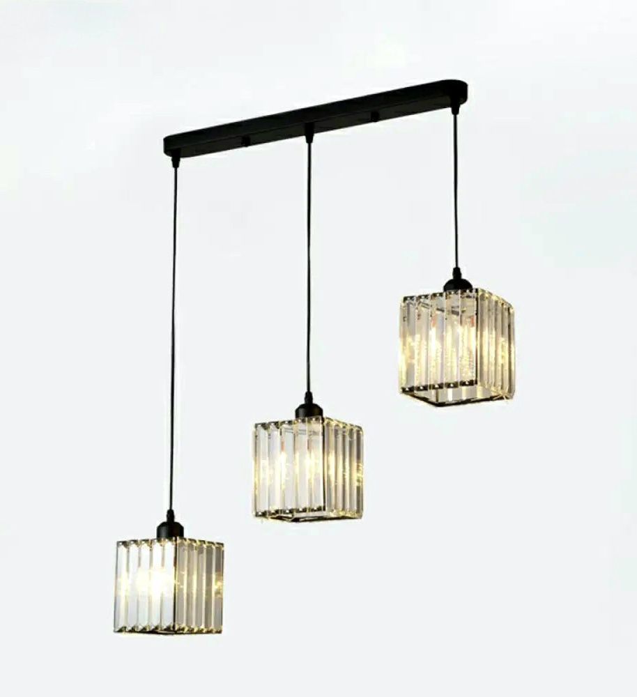 3 Bulb Black Metallic Crystal Rectangular Base Pendant Lights Chandelier With LED Bulbs.