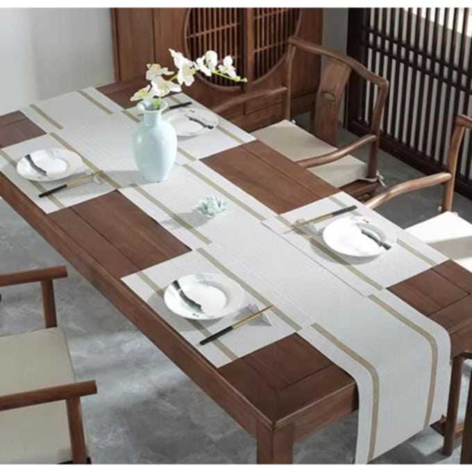 White and Gold Striped 7 pieces Waterproof PVC Table Set 1 Waterproof PVC Table Runner 6 PVC Waterproof Table Mats