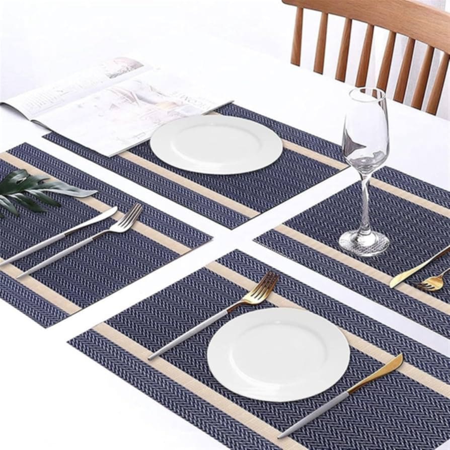 Dark Blue Navy Blue With Cream Stripes 7 pieces Waterproof PVC Table Set 1 Waterproof PVC Table Runner 6 PVC Waterproof Table Mats