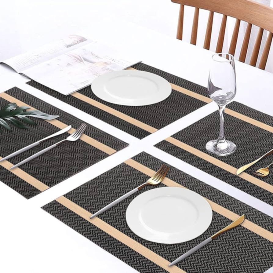 Black and Gold Striped 7 pieces Waterproof PVC Table Set 1 Waterproof PVC Table Runner 6 PVC Waterproof Table Mats