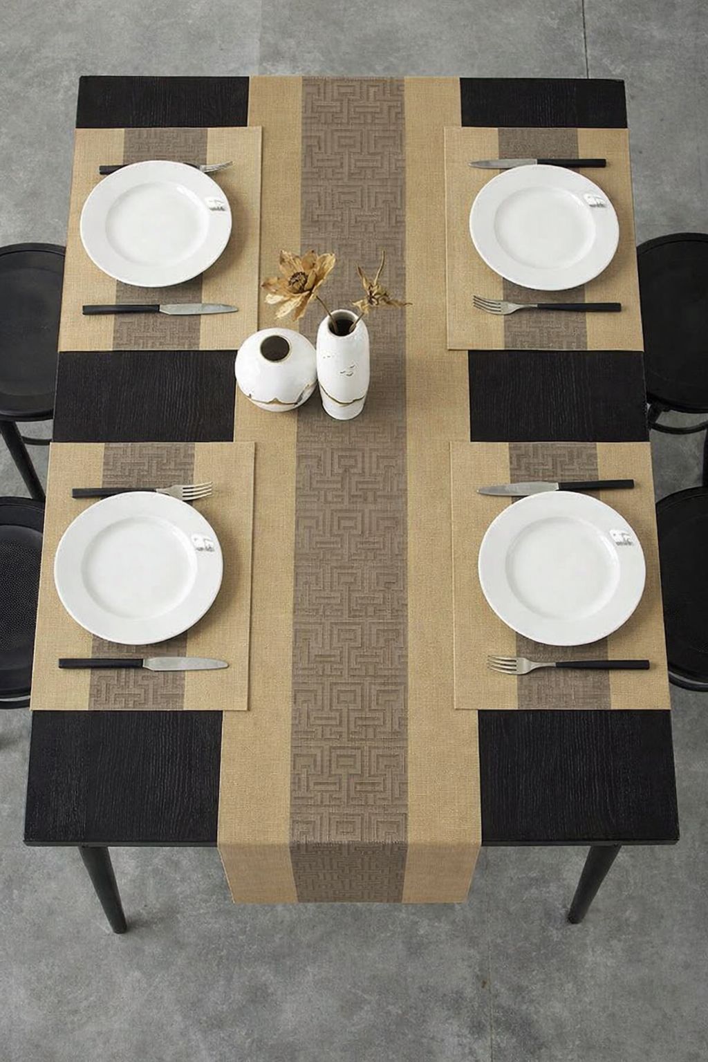 Gold With Geometric Pattern 7 pieces Waterproof PVC Table Set 1 Waterproof PVC Table Runner 6 PVC Waterproof Table Mats