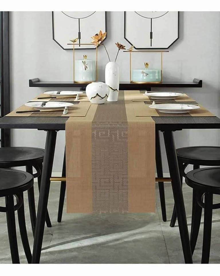 Gold With Geometric Pattern 7 pieces Waterproof PVC Table Set 1 Waterproof PVC Table Runner 6 PVC Waterproof Table Mats