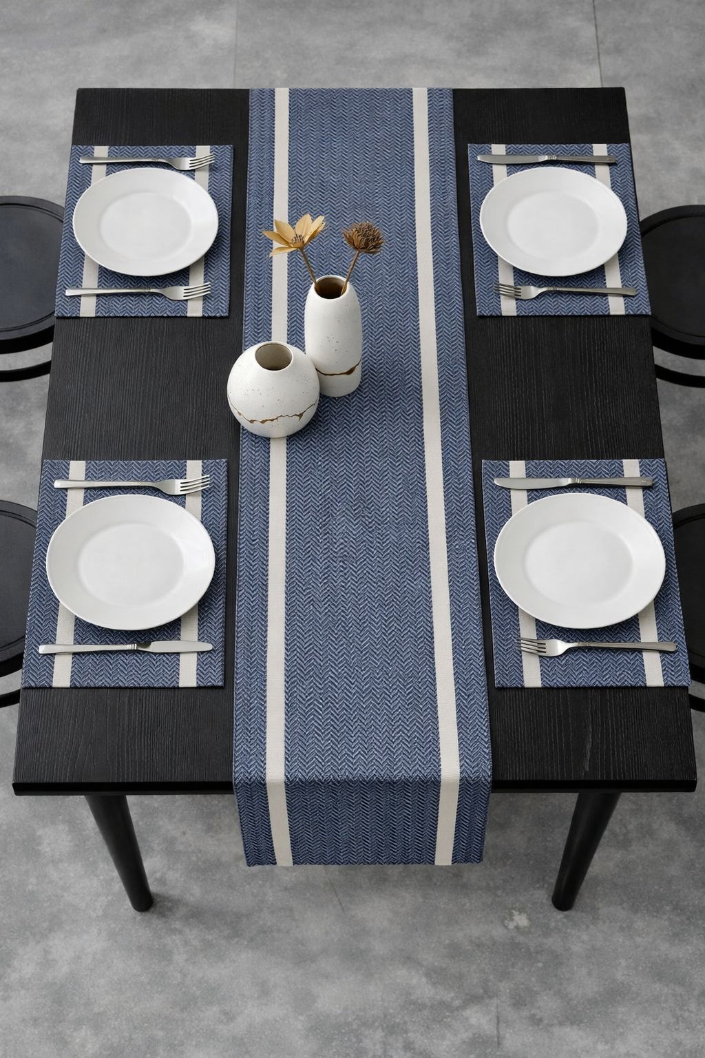 Dark Blue Navy Blue With Cream Stripes 7 pieces Waterproof PVC Table Set 1 Waterproof PVC Table Runner 6 PVC Waterproof Table Mats