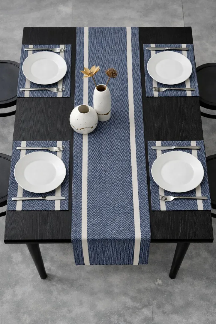 Dark Blue Navy Blue With Cream Stripes 7 pieces Waterproof PVC Table Set 1 Waterproof PVC Table Runner 6 PVC Waterproof Table Mats