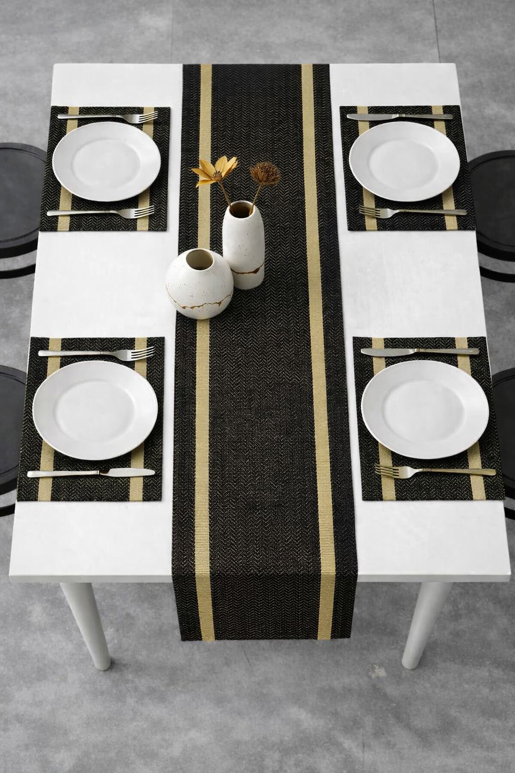 Black and Gold Striped 7 pieces Waterproof PVC Table Set 1 Waterproof PVC Table Runner 6 PVC Waterproof Table Mats