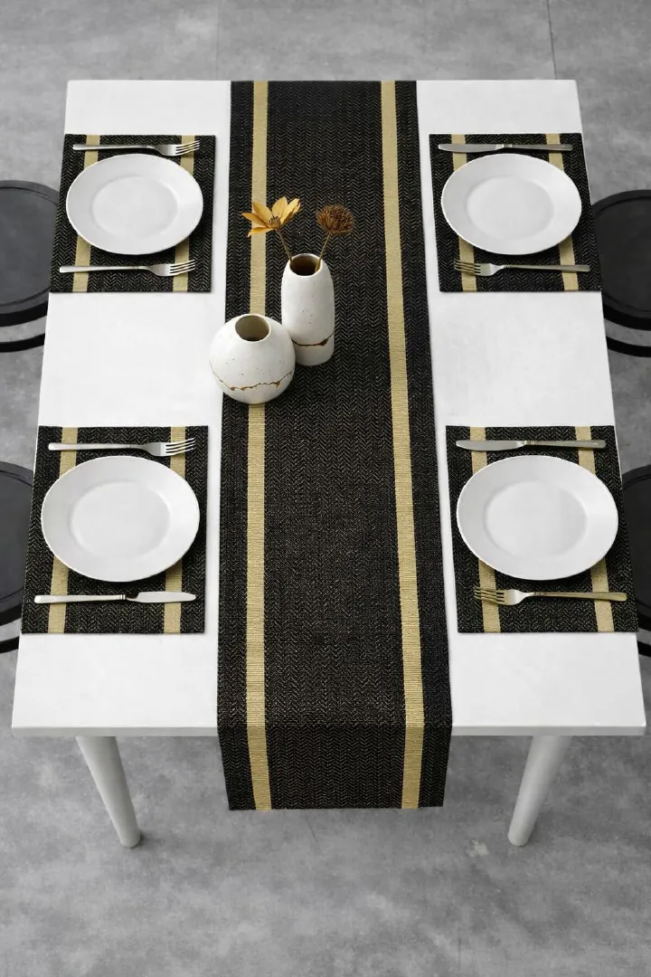 Black and Gold Striped 7 pieces Waterproof PVC Table Set 1 Waterproof PVC Table Runner 6 PVC Waterproof Table Mats