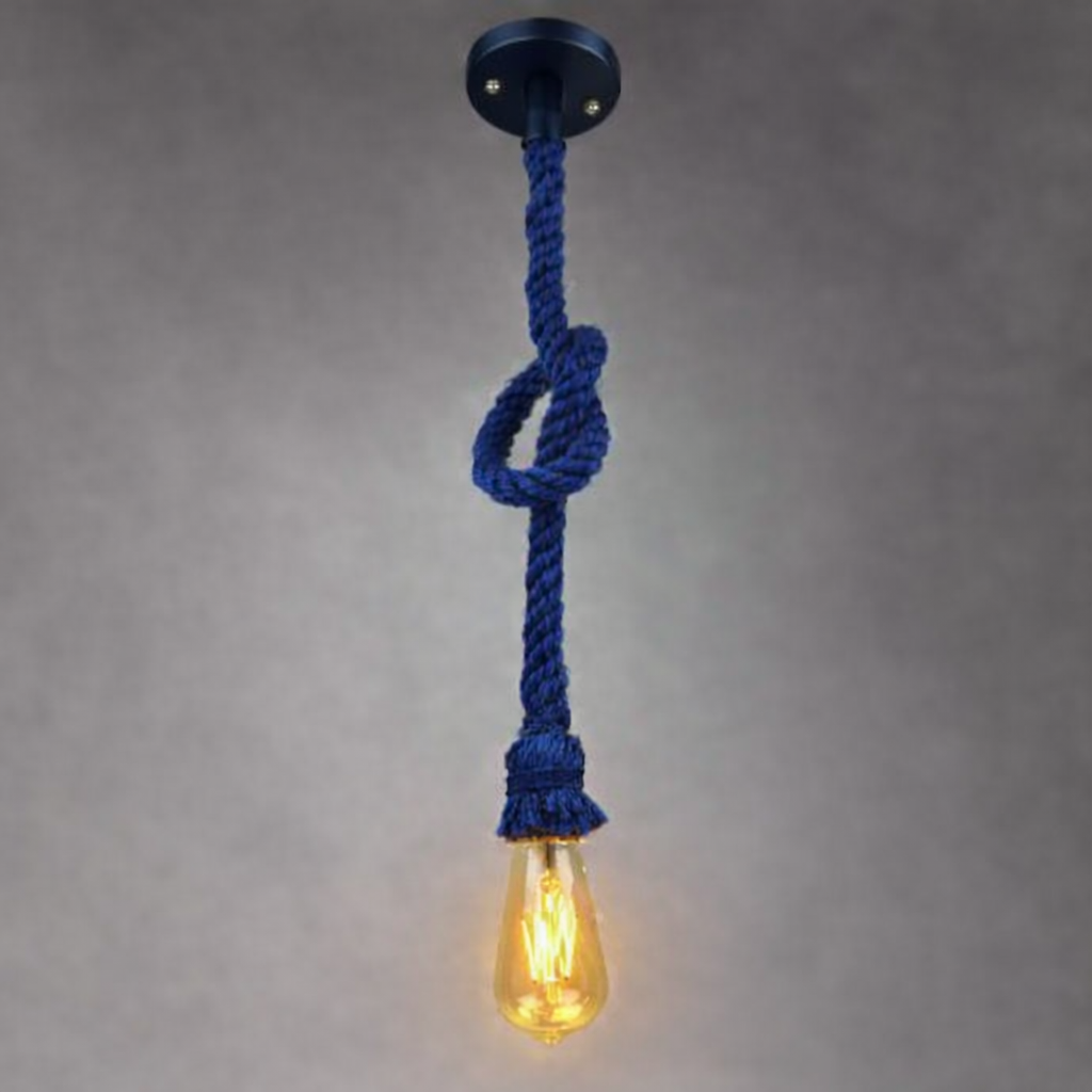 Navy Blue Sisal Hemp Rope Single Pendant Light Chandelier With Filament Edison Bulb