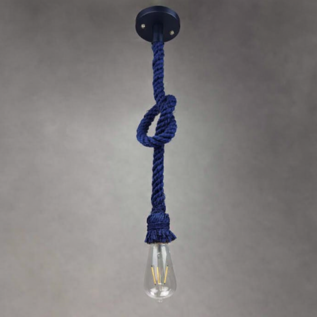 Navy Blue Sisal Hemp Rope Single Pendant Light Chandelier With Filament Edison Bulb