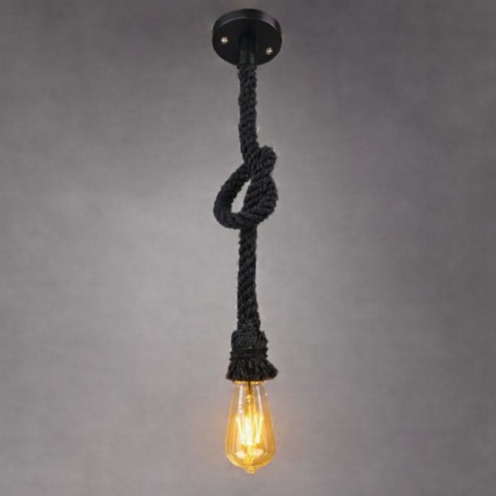 Black Sisal Hemp Rope Single Pendant Light Chandelier With Filament Edison Bulb