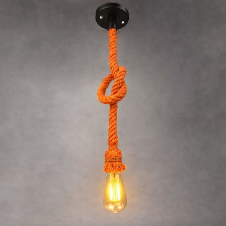 Orange Sisal Hemp Rope Single Pendant Light Chandelier With Filament Edison Bulb