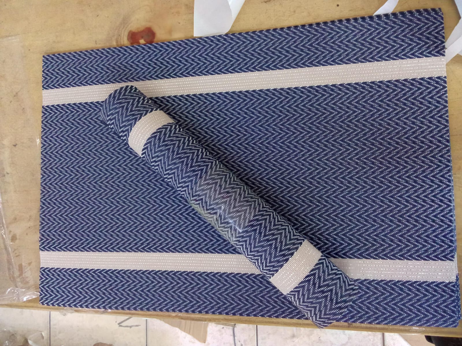 Dark Blue Navy Blue With Cream Stripes 7 pieces Waterproof PVC Table Set 1 Waterproof PVC Table Runner 6 PVC Waterproof Table Mats