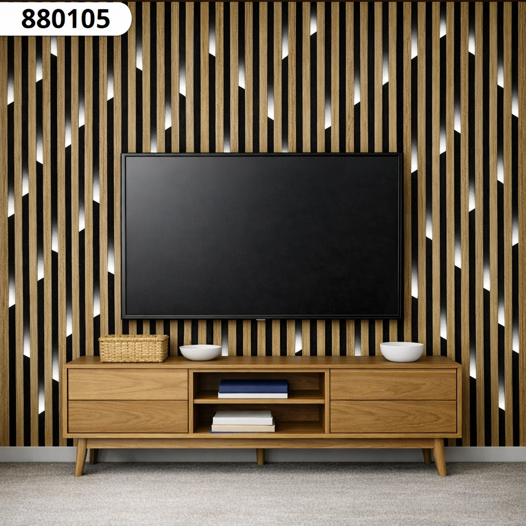 3D Brown Wood Fluted Wall Panel Light Strips Effect Wallpaper 880105
